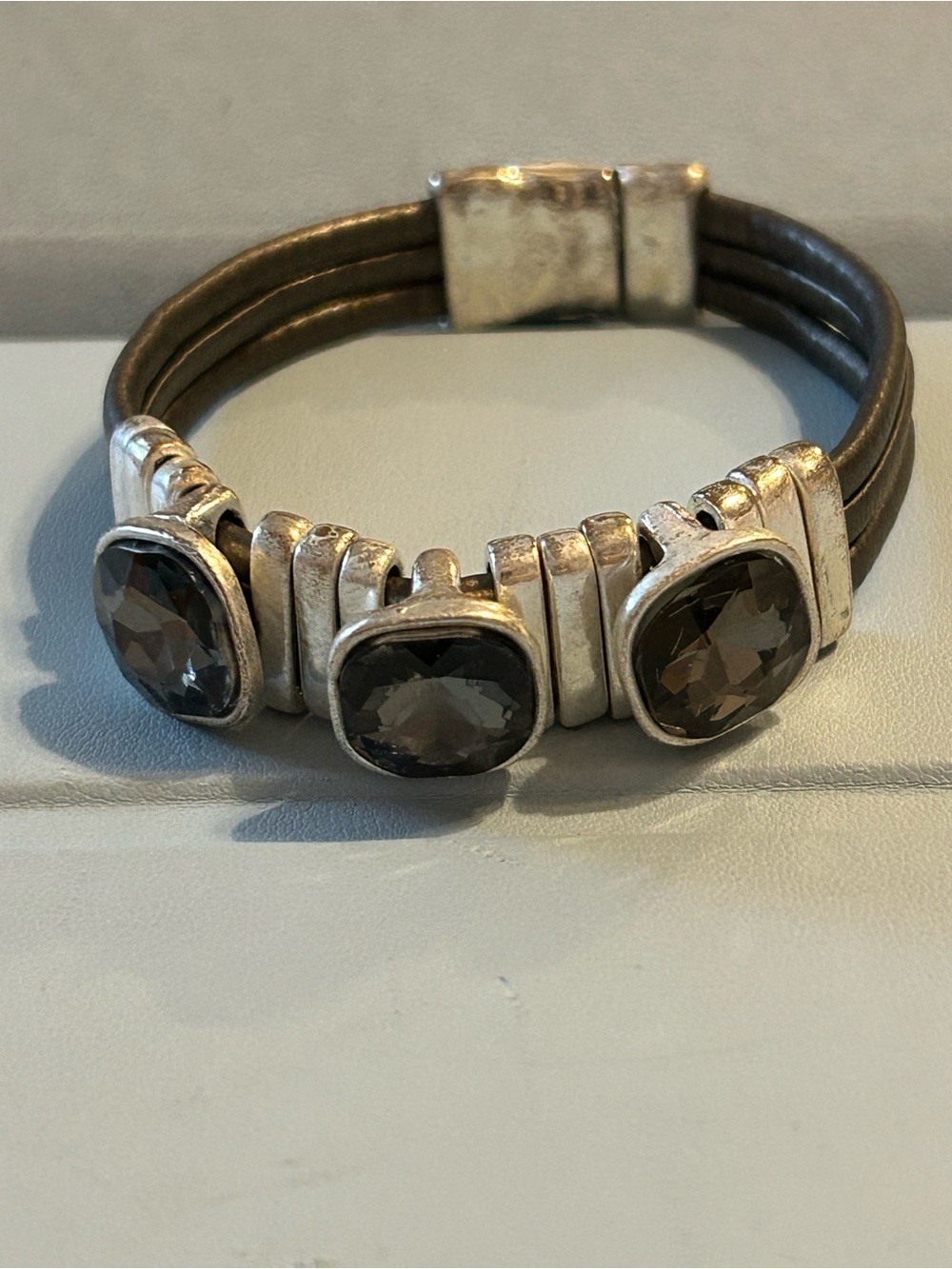 Smoky Crystal Triple-Station Leather Bracelet - Brown